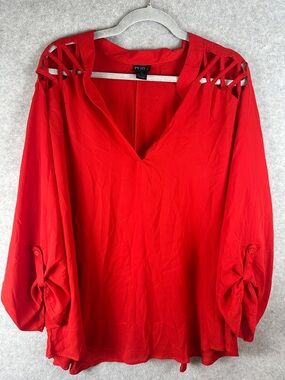 Rue+ Red Lattice-Shoulder V-Neck Blouse Women's Plus Size 3X